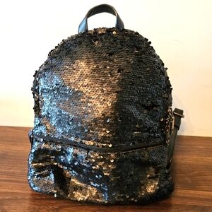 Black Sequined Faux Leather Small Backpack Adjustable Strap Silvertone Hardware